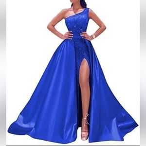 One Shoulder Long Sparkly Sequins Satin Formal Evening Dress with Slit